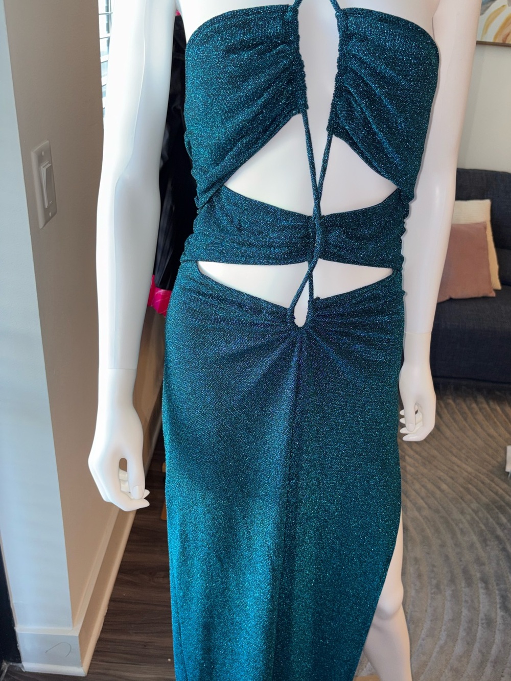 Emerald Green Shimmer Cut Out Maxi Dress Open Back Slit Sexy L - Picture 4 of 13
